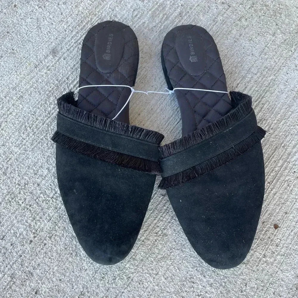 Birdies Black Fringe Slides Mules Womens Size 10 Comfy Quilted Ani
